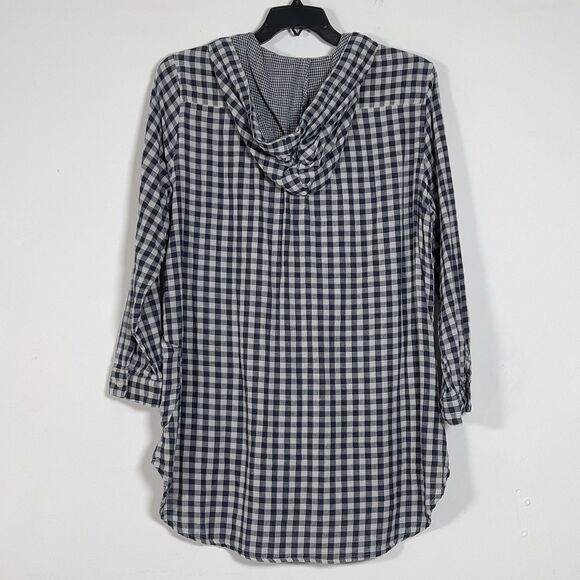 For Cynthia Beachwear Hooded Tunic Top Sz XL Blue Gingham Roll Tab Sleeve - Picture 4 of 12
